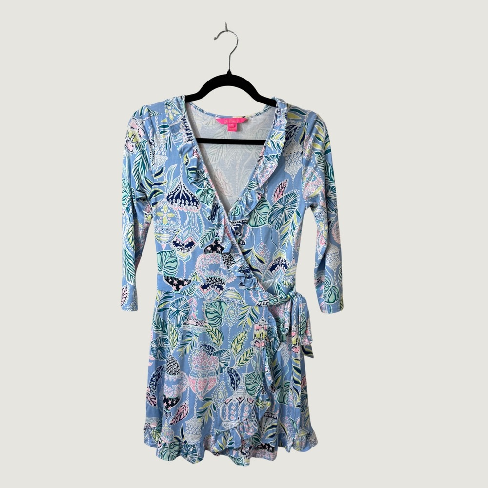 Lilly Pulitzer Wrap Dress Blue Tropical Ruffle XS Preppy Coastal Resort *READ